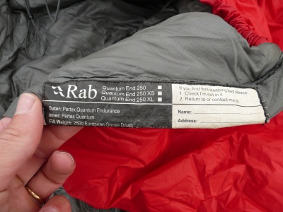 Rab Quantum 250 Endurance, étiquette