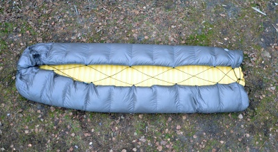 La couette utilisée en mode quilt : on peut alors soit glisser le matelas dedans (photo ci-dessus), soit fermer le quilt avec le cordon de serrage dans le dos (au-dessus du matelas)