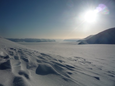 Le glacier de Vonpostbreen, avec au loin le fjord Tempelfjorden