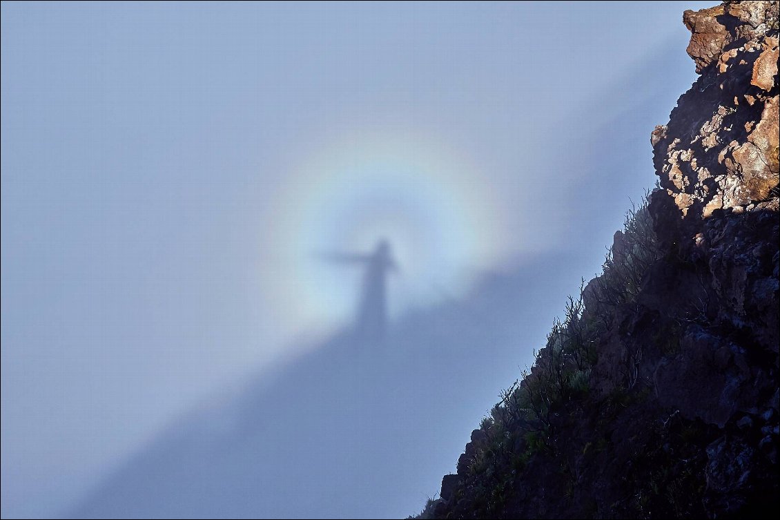 Spectre de Brocken autour de mon ombre sur le brouillard de l'Enclos Fouqué, Piton de la Fournaise, Réunion, juillet 2017
Photo : Brieuc Coessens