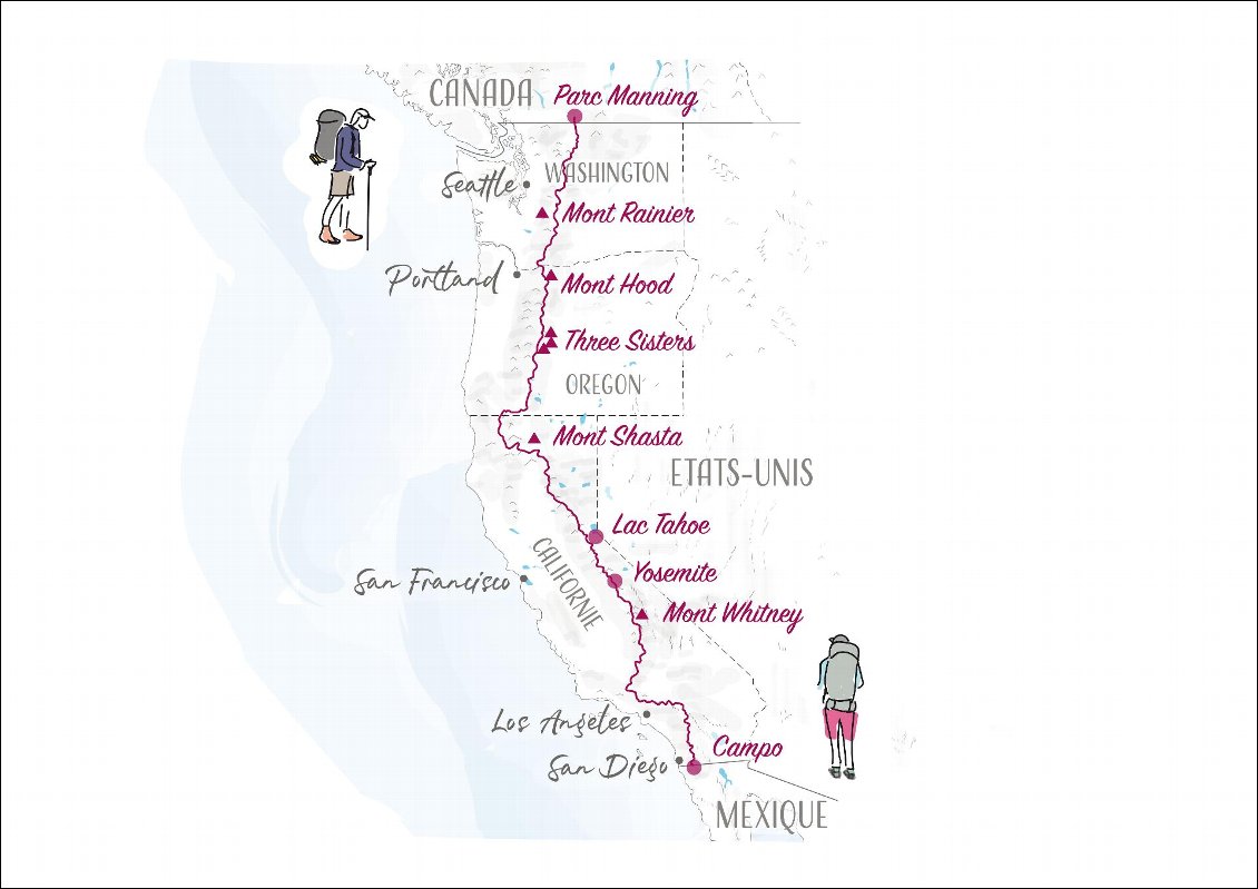 Carte du Pacific Crest Trail dessinée par Anne-Sophie Rodet