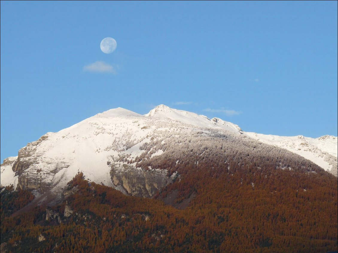Un matin d'automne, la Lune au dessus de la Tête de Fouran dans les Hautes-Alpes.
Mélèzes oranges, neige fraîche et ciel bleu, un beau moment !
Photo : Olivia Lavictoire