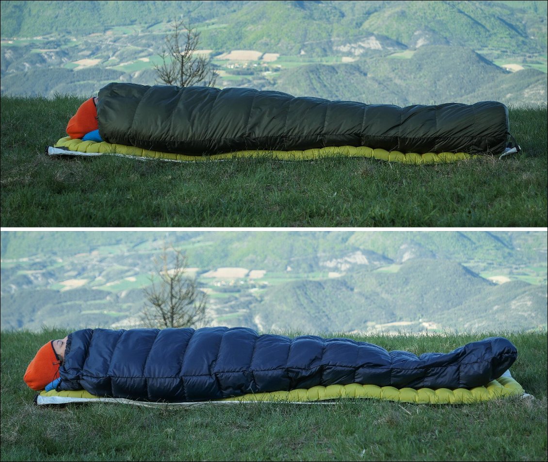 La même dormeuse dans le X-Lite 200 (en haut) et dans le Magic 125 (en bas). Les 2 sacs font rigoureusement la même taille, mais on remarque que l'absence de footbox fait perdre de l'espace habitable, et découvre en partie la dormeuse.
