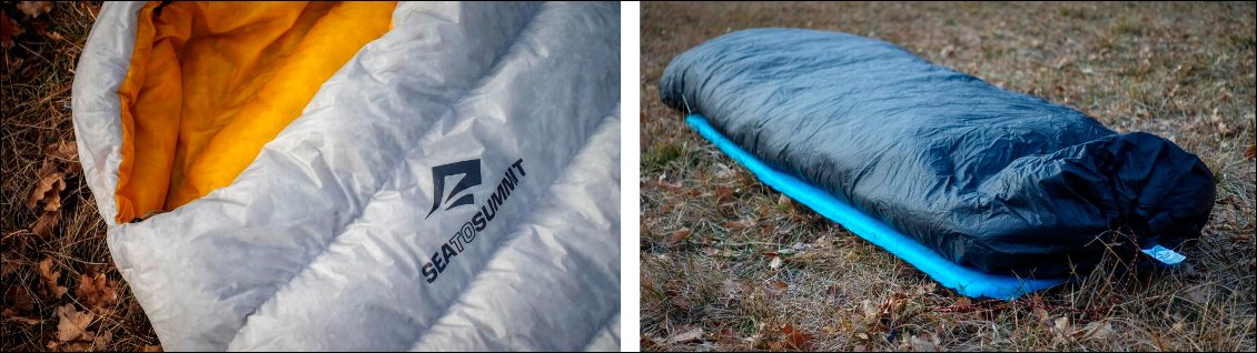 Les sacs de couchage en duvet (à gauche) nécessitent une structure de tissus bien plus complexe que les sacs à isolation synthétique.