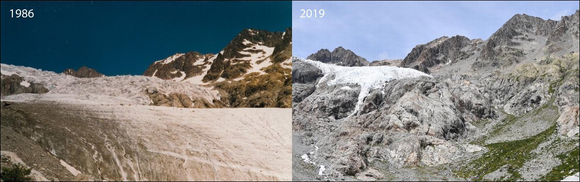 Le glacier Blanc en 1986 et 2019
Photos : Guillaume Blanc