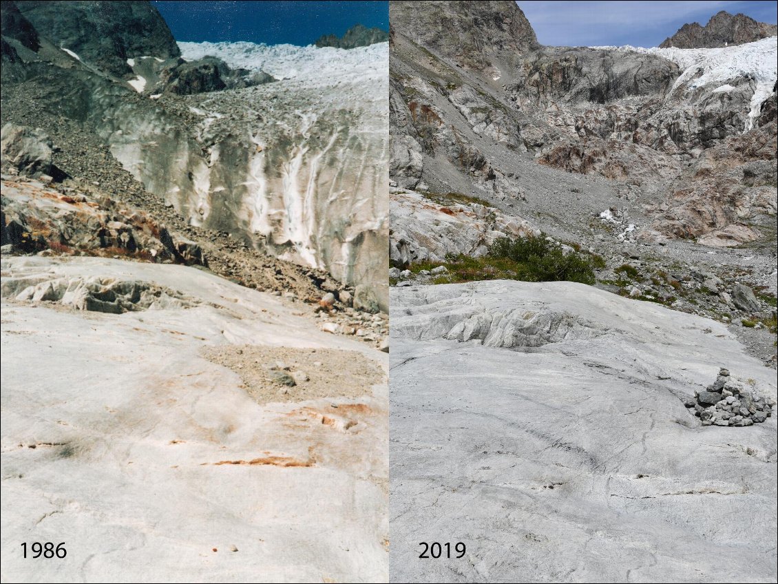 La rive gauche du glacier Blanc en 1986 et 2019
Photos : Guillaume Blanc