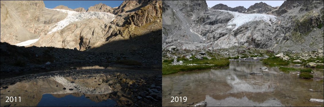 Le glacier Blanc en 2011 et 2019
Photos : Guillaume Blanc