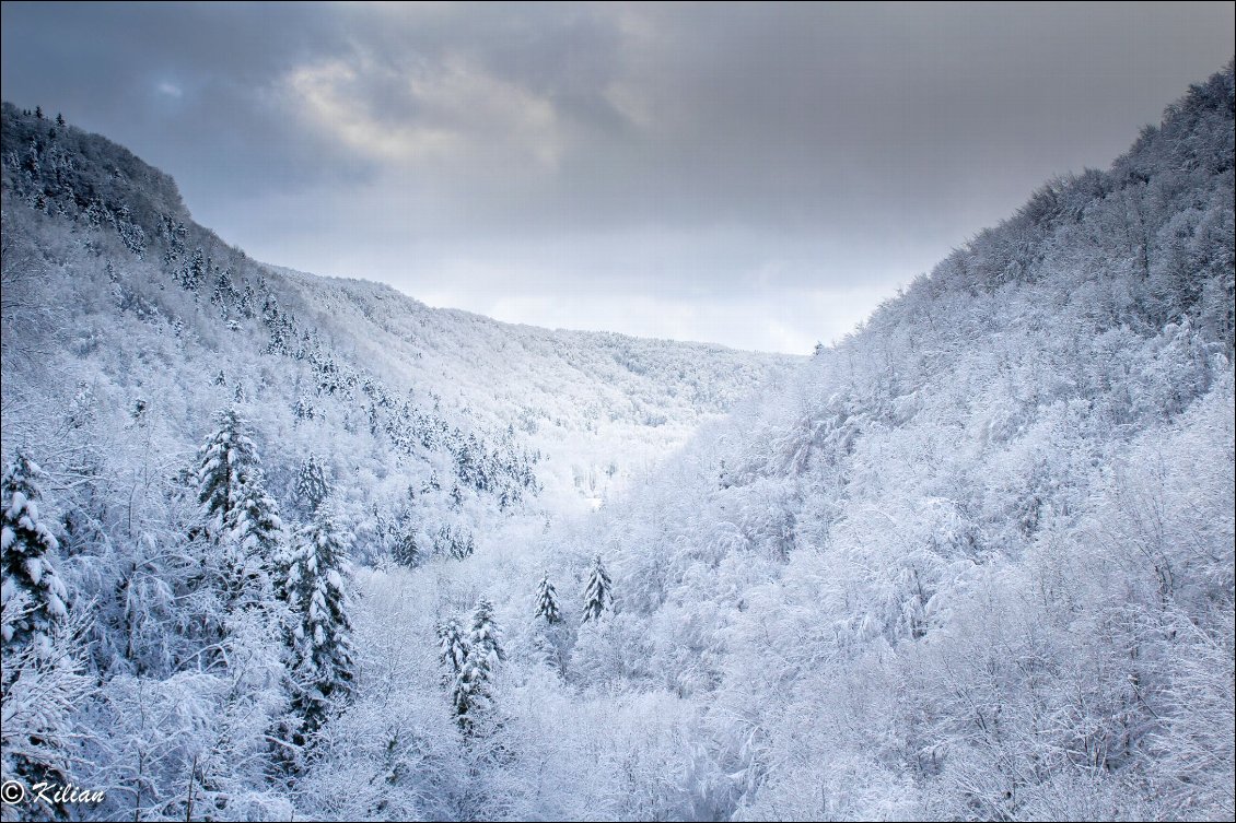 Au cœur du Jura hivernal.
J'ai eu l'occasion de traverser à diverses saisons tout le jura et la Franche comté, à pied ou à raquette. En haut de la cascade de l'Eventail, une vue unique s'offre à nous, où le temps semblerait figé.
Photo : Kilian Sanlis, voir  ses photos sur Flickr