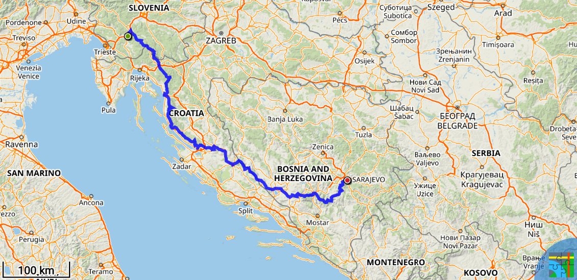 Mon itinéraire previsionnel de Postojna en Slovénie à Sarajevo en Bosnie-Herzégovine. Trace GPX : https://link.locusmap.app/t/tftjpm